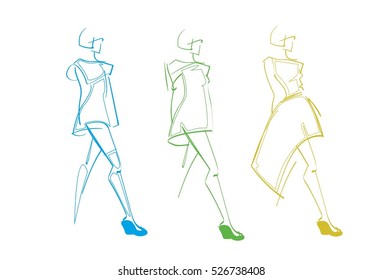 Fashion Woman Group Sketch Colorful Dress Design Set Vector Illustration