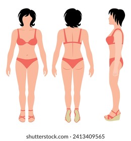 Fashion woman haircut colored doll body full length template silhouette figure in swimsuit, sandals. Front, back, side view, isolated vector illustration. Feel at ease and enjoy for creativity.