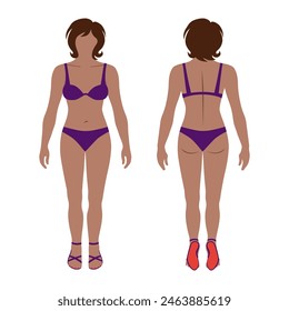 Fashion woman haircut colored doll body full length template silhouette figure in swimsuit, sandals. Front, back view, isolated vector illustration. Feel at ease and enjoy for creativity.