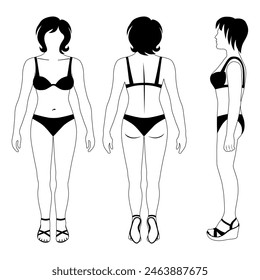 Fashion woman haircut colored doll body full length template silhouette figure in swimsuit, sandals. Front, back, side view, isolated vector illustration. Feel at ease and enjoy for creativity.