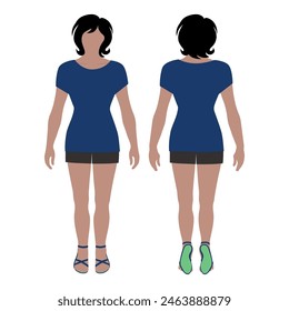 Fashion woman haircut colored doll body full length template silhouette figure in t-shirt, sandals. Front, back view, isolated vector illustration.