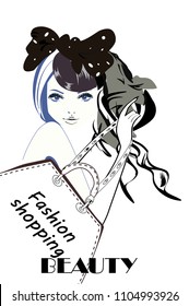 Fashion woman in a hat with flowers and a shopping bag. Beautiful face. Vector illustration.
