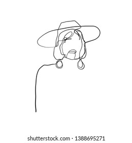 Fashion woman in hat. One line drawing. Abstract girl's face in modern contemporary trendy graphic style. Hand drawn vector. 