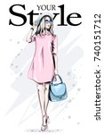 Fashion woman in hat and sunglasses. Hand drawn stylish woman in pink dress. Beautiful young lady in fashion clothes. Sketch.