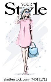 Fashion woman in hat and sunglasses. Hand drawn stylish woman in pink dress. Beautiful young lady in fashion clothes. Sketch.