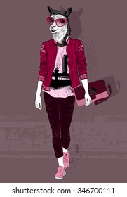 Fashion woman with the head of Alpaca for poster or t-shirt print
