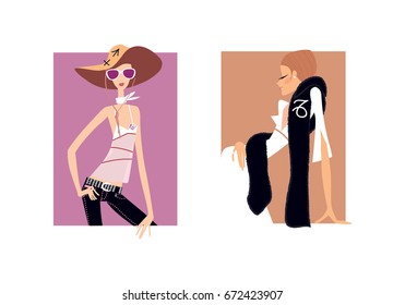 Fashion woman horoscope. Sagittarius and capricorn zodiac signs. Vector illustration