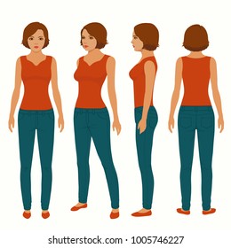  Fashion Woman Isolated, Front, Back And Side View, Vector Illustration 