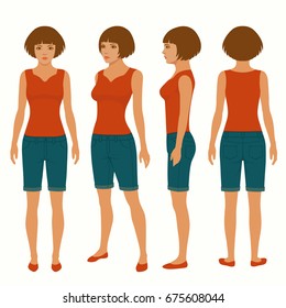  fashion woman isolated, front, back and side view, vector illustration 