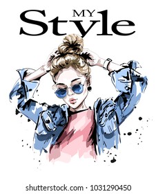 Fashion woman in jeans jacket  Stylish beautiful young woman in sunglasses  Sketch 