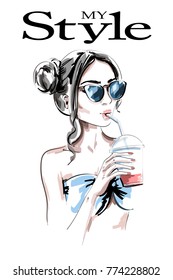 Fashion woman with juice drink. Hand drawn beautiful young woman with stylish hairstyle. Cute girl in sunglasses. Sketch.