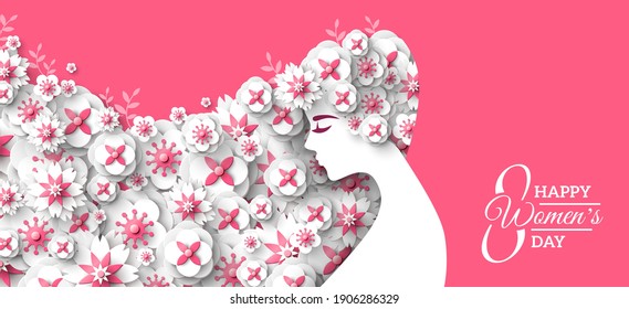 Fashion woman with long hair and floral pattern. Paper cut 3d spring flowers hairstyle. Vector Illustration. 8 March, Happy International Women's Day poster, greeting card or banner. Place for text