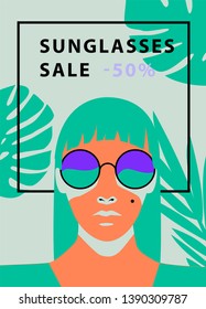 Fashion woman with long hair and monstera palm leaves wearing sunglasses. Vivid colorful banner template for sunglasses sale, advertising company. 