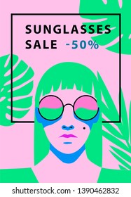 Fashion woman with long hair and monstera palm leaves wearing sunglasses. Vivid colorful banner template for sunglasses sale, advertising company. 