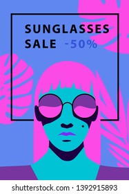 Fashion woman with long hair and monstera palm leaves wearing sunglasses. Vivid colorful banner template for sunglasses sale, advertising company. 