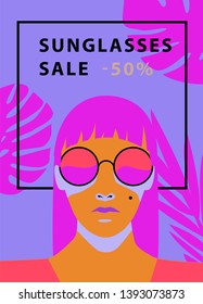 Fashion woman with long hair and monstera palm leaves wearing sunglasses. Vivid colorful banner template for sunglasses sale, advertising company. 