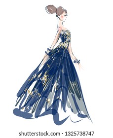 Fashion woman in long party dark blue dress with gold glitter hand drawn vector watercolor illustration. Beautiful runway model sketch.