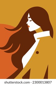 Mujer de moda larga ondeando el pelo otoño retrato de color pastel moda camiseta impresión vectorial ilustración plana. Belleza romántica silueta femenina minimalista arte contemporáneo fondo abstracto de pintura spot