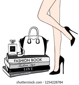 Fashion woman with long woman's leg, High heels shoes, bag, fashion magazines books, perfume. Hand drawn beautiful illustration with stack of books, fashion magazines. Vogue Beauty style vector
