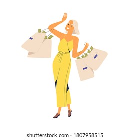 Fashion woman millionaire carrying bags full of currency vector flat illustration. Smiling rich female with much money enjoying wealth isolated on white. Financial successful person walking with cash