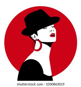Fashion woman model in black hat on red background pop art vector illustration. Portrait of young girl retro style. Beautiful woman.