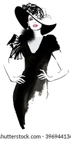Fashion Woman Model With A Black Hat - Vector Illustration
