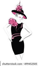 Fashion woman model with a black hat - vector illustration