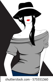 Fashion woman model with a black hat  - vector illustration. Portrait of young girl. Pose.