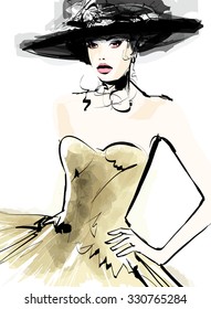 Fashion woman model with a hat - vector illustration