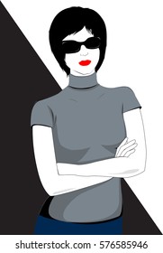 Fashion woman model with short haircut and sunglasses - vector illustration. Portrait of young girl. Pose.