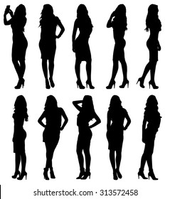 Fashion woman model silhouette in various poses. Set or collection of different figures. Easy editable layered vector illustration. 