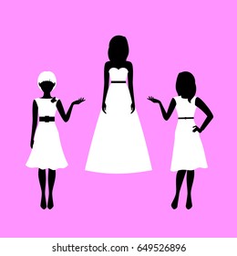 Fashion woman model silhouettes set in various poses in summer dresses. Vector illustration