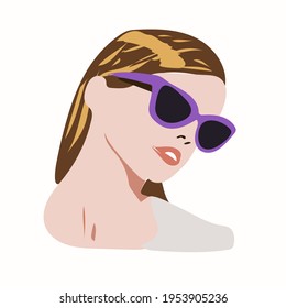 Mujer modelo con gafas de sol.  Ilustración de moda plana. Plantilla para tarjeta, afiche, banner, imprimir para camiseta. bolso de tote.