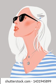 Fashion woman model with sunglasses isolated on gray. Summer holiday portrait of beautiful girl. Pose. Flat trendy illustrtation. Template for card, poster, banner, print for t-shirt. tote bag.