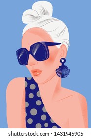 Mujer modelo con gafas de sol aisladas en azul. Retrato veraniego de hermosa chica. Pose. Ilustración de moda plana. Plantilla para tarjeta, afiche, banner, imprimir para pantalones t. bolsa de tote.