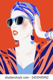 Fashion woman model with sunglasses and kerchief. Stylish modern portrait of beautiful girl. Pose. Flat illustrtation. Template for card, poster, banner, print for t-shirt, background