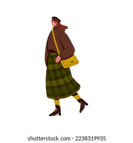 Fashion woman in modern casual clothes. Girl wearing trendy outfit, skirt, sweater, beret and bag. Stylish female in fall, autumn apparel. Flat graphic vector illustration isolated on white background