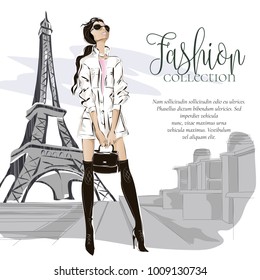 Fashion woman near Eiffel tower in Paris, fashion banner with text template, online shopping social media ads with beautiful girl. Vector illustration art