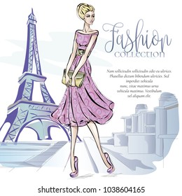 Fashion woman near Eiffel tower in Paris, fashion banner with text template, online shopping social media ads with beautiful girl. Vector illustration art