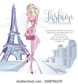 Fashion woman near Eiffel tower in Paris, fashion banner with text template, online shopping social media ads with beautiful girl. Vector illustration art