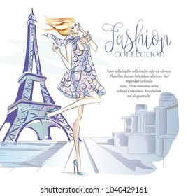 Fashion woman near Eiffel tower in Paris, fashion banner with text template, online shopping social media ads with beautiful girl. Vector illustration art