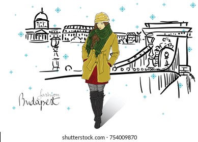 Fashion woman on winter street in Budapest, snow and warm clothes, vector