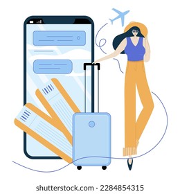 The fashion woman, passenger with baggage buy online tickets through mobile apps. She wants to goes to the journey on airplane.