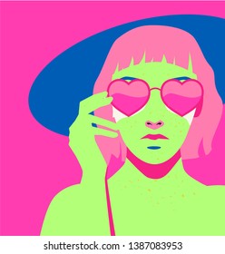 Fashion woman with pink bob haircut and freckled skin on pink background wearing heart-shaped sunglasses, fashion retrowave/ vaporwave neon 80s-90s style vector illustration.