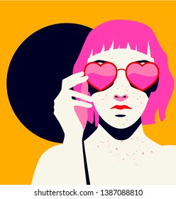 Fashion woman with pink bob haircut and freckled skin on yellow background wearing heart-shaped sunglasses. Retrowave/ Vaporwave Zine Culture Comic style, print for t-shirt, notebook, poster, cover. 