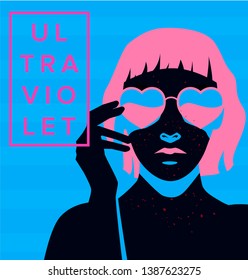 Fashion woman with pink bob haircut on blue background wearing heart-shaped sunglasses. Retrowave/ Vaporwave Zine Culture Comic style, print for t-shirt, notebook, poster, cover. 