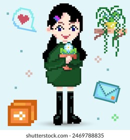 Fashion woman pixel art style character with plant flower. design for postcard, boutique, website or print. portrait and profile picture. Design of 80s. Game assets. 8-bit vector illustration.