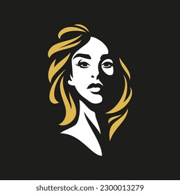 Fashion woman portrait with golden waving hair outline silhouette logo for cosmetology care vector flat illustration. Beauty female face abstract shadow art icon for spa salon brand black background