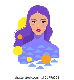 Fashion woman portrait. Model girl in cosmic abstract style in violet color with yellow planets. Retro trendy poster, flyer, t-shirt or card. Vibrant minimalism vector illustration isolated on white