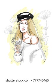 Fashion woman portrait. Stylish young woman in a cap. Model posing with a cup of coffee. Hand drawn sketch. Vector illustration isolated on white.